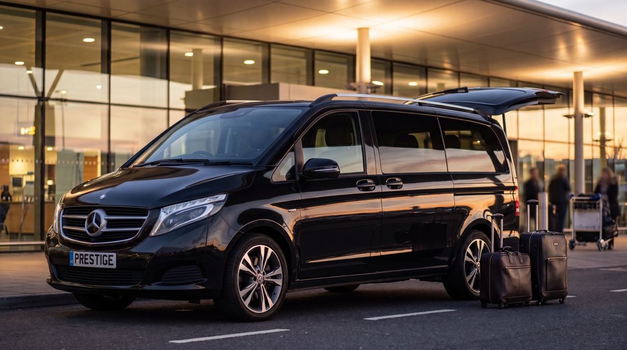 Black Mercedes E-Class chauffeur car at airport Terminal 2 departures with luggage — airport taxi Milton Keynes