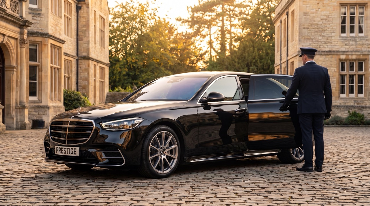 Mercedes S-Class on a country road for full-day chauffeur hire — Milton Keynes