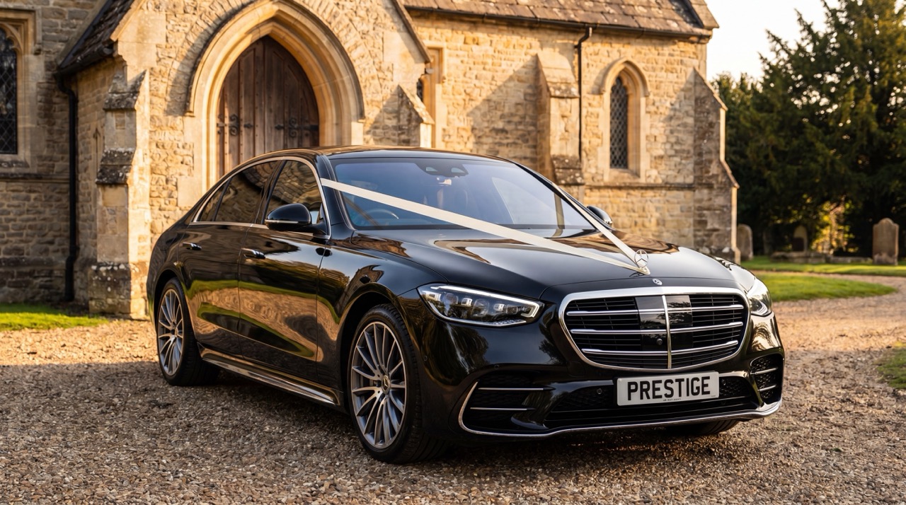Black Bentley wedding car with white ribbons outside a country manor — wedding chauffeur Milton Keynes