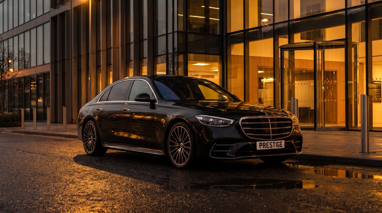 Executive BMW chauffeur car outside a corporate office — Prestige Travel Group Milton Keynes