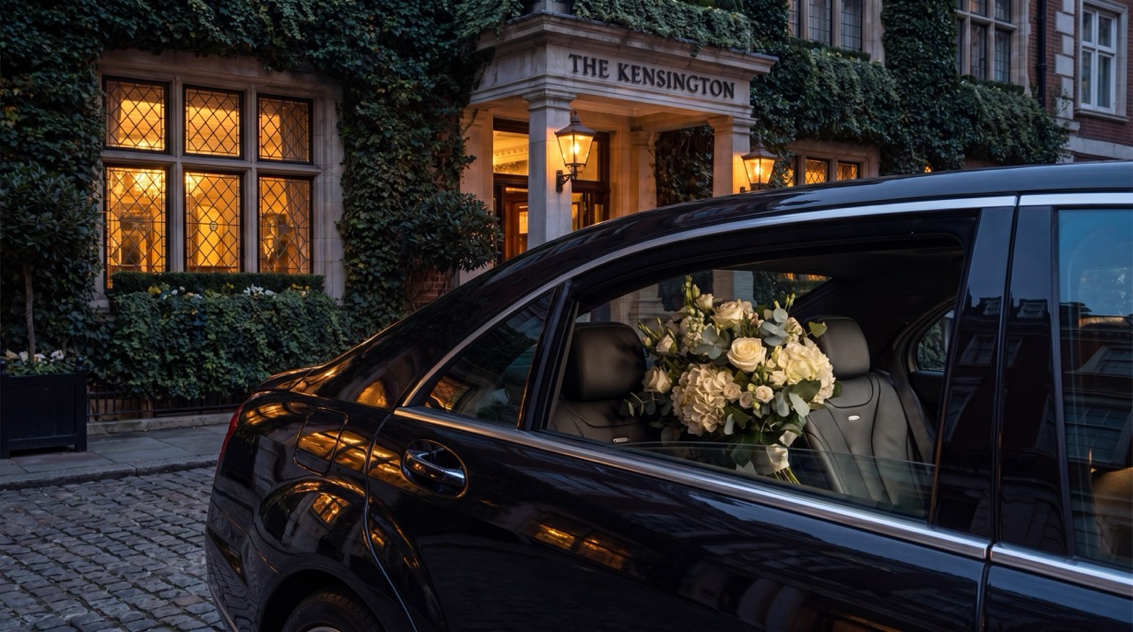 Chauffeur car with bridal bouquet outside The Kensington — special occasions chauffeur Milton Keynes