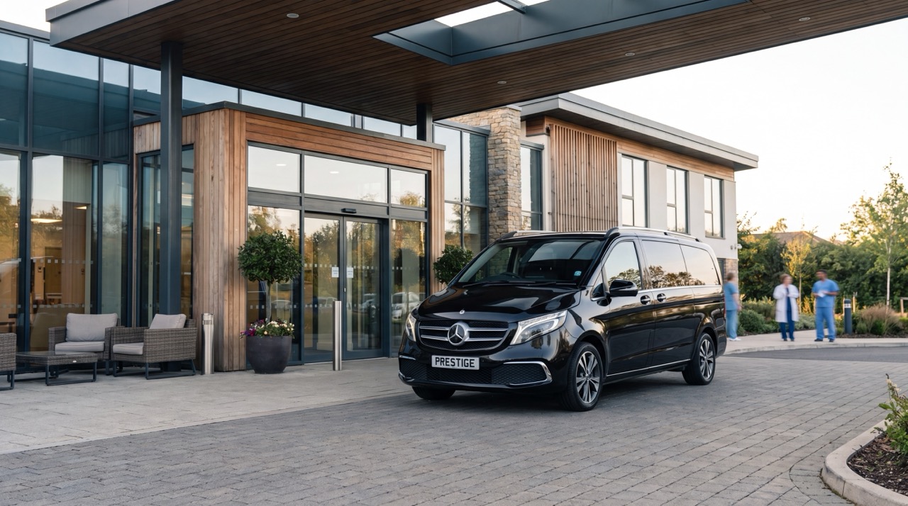 Mercedes V-Class chauffeur outside a modern medical clinic — hospital and medical transport Milton Keynes