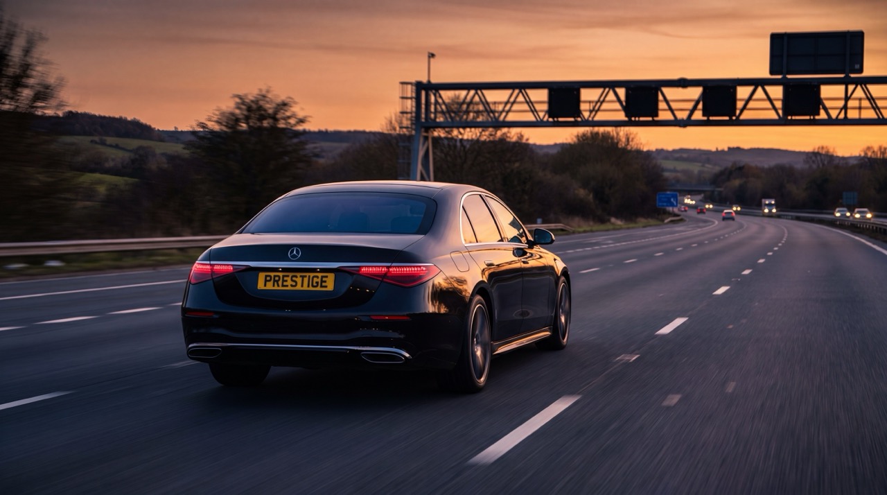 Chauffeur driving a BMW executive car at sunset on a UK motorway — short and long-distance journeys from Milton Keynes